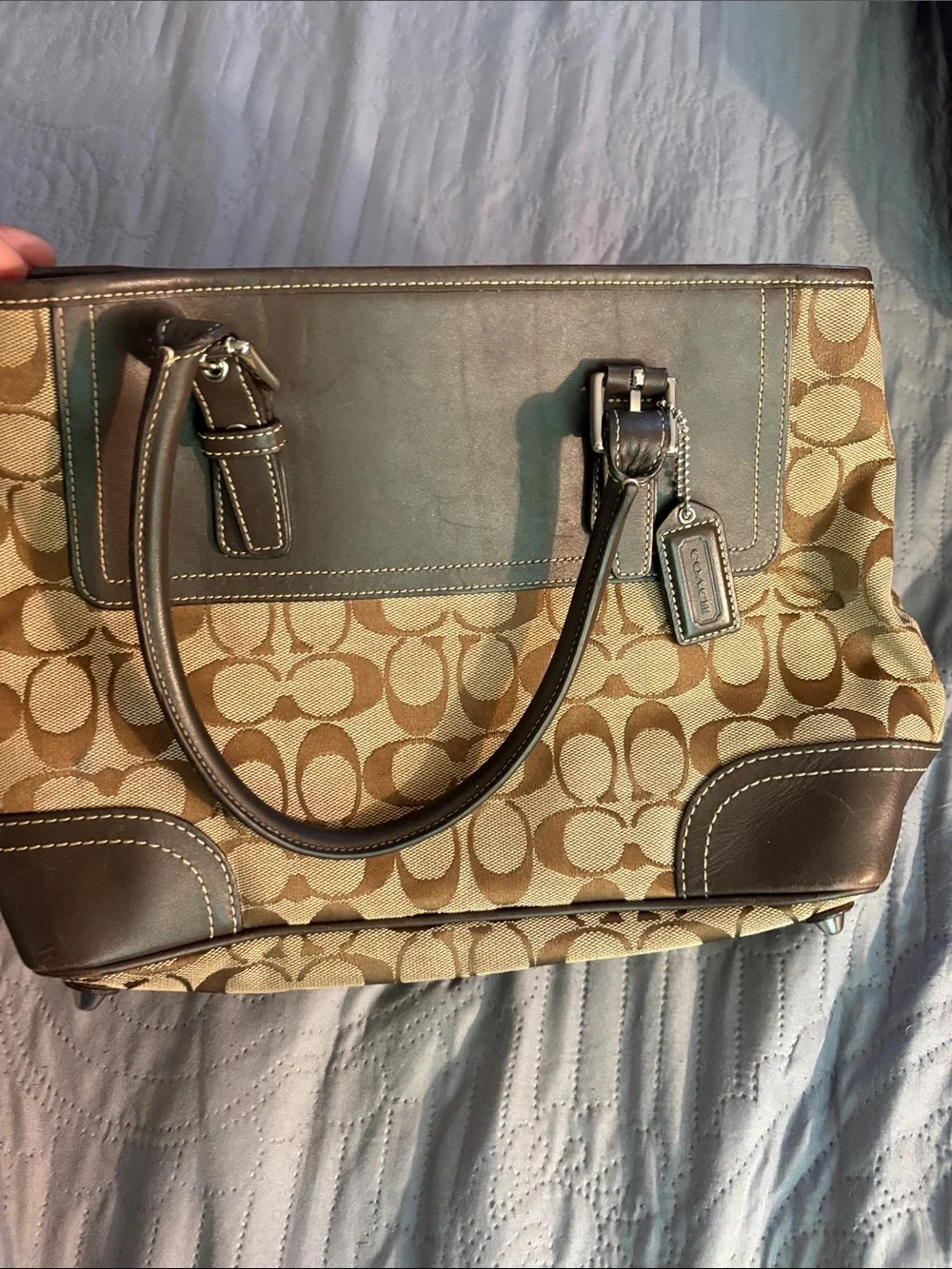 Coach Signature Canvas Shoulder Tote in Khaki and Brown